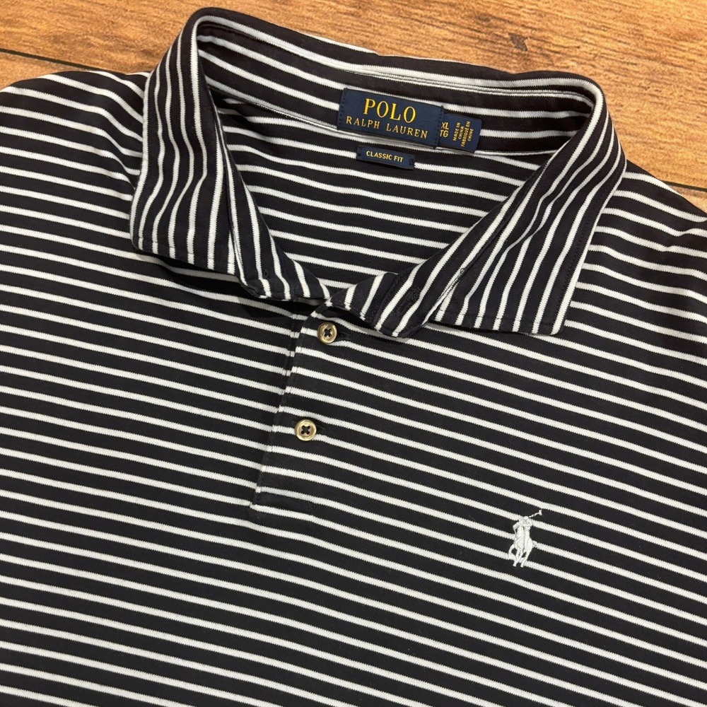 Polo Ralph Lauren Mens XL Classic Fit Striped Polo Shirt Navy Blue White Cotton